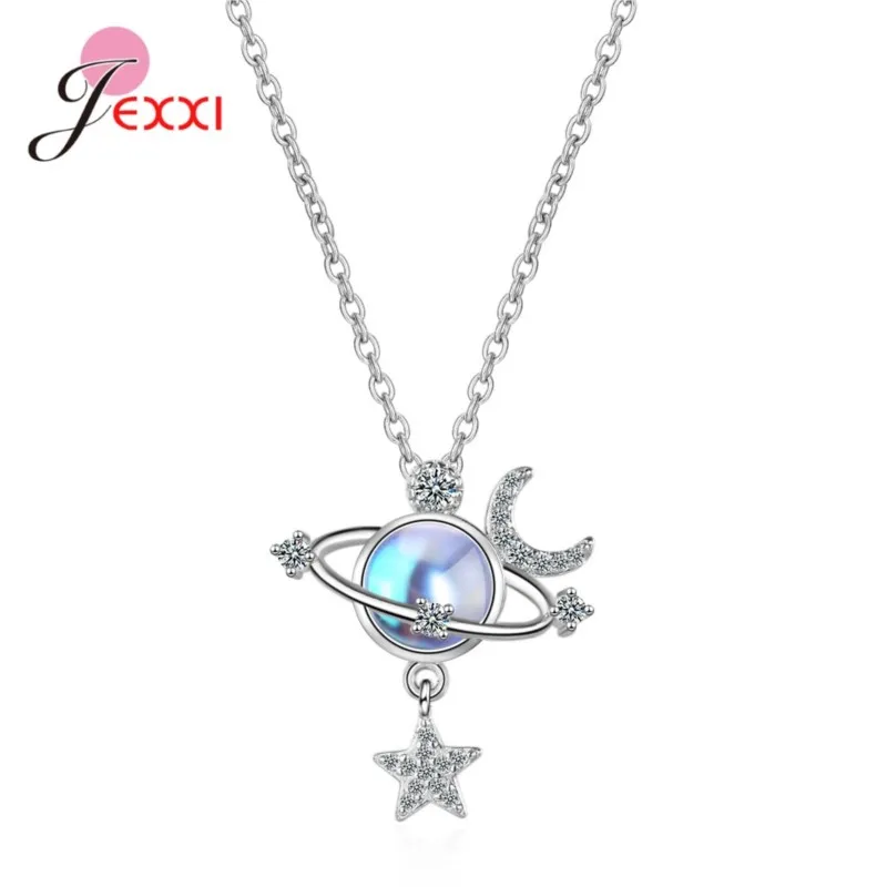 Korean Real 925 Sterling Silver Necklace For Girl Women New Arrival Star Moon Planet Choker  Fashion Jewelry Accessories