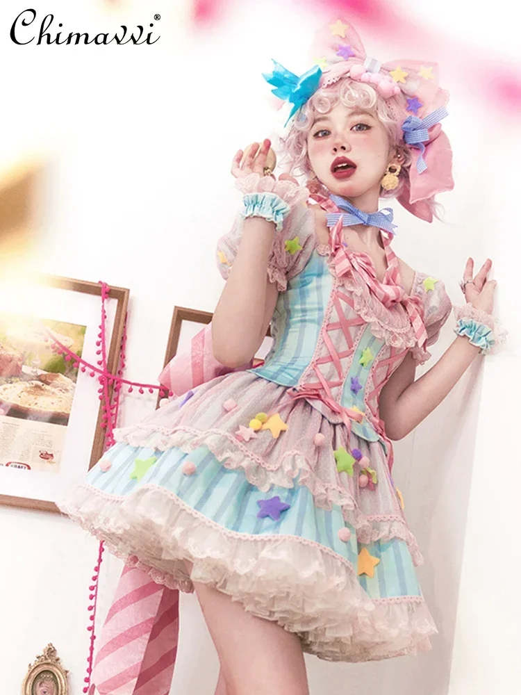 Japanese Sweet Girl's Princess Lolita Dress Strawberry Stars Bow OP Dress Women Kawaii Cosplay Above Knee Birthday Y2k Dresses