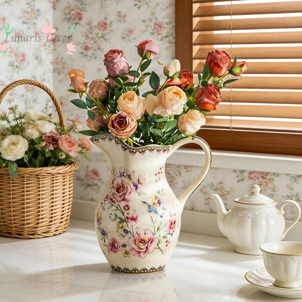 Crackle Glaze Ceramic Pitcher Vase with Handle, Hand-Painted Roses & Bird Pattern for Home Decor