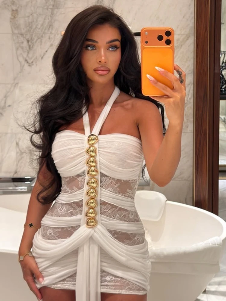 FLARORA Robe Mini Sexy en Dentelle Transparente pour Femme, Décoration Métallique, Col Halter, Épaules Dénudées, Robes à Rubans, Élégante pour Soirée et Club, Coupe Moulante