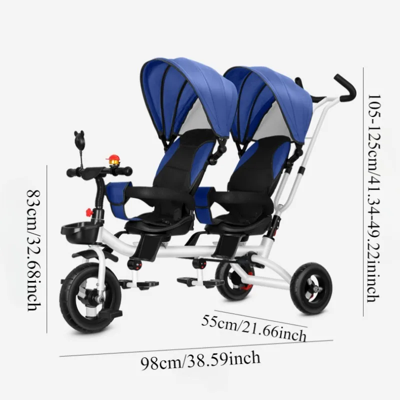 Double Stroller Two-way Baby Stroller Face To Face Double Kid Tricycle Adjustable Backrest Footrest Canopy Explosion-proof Tires