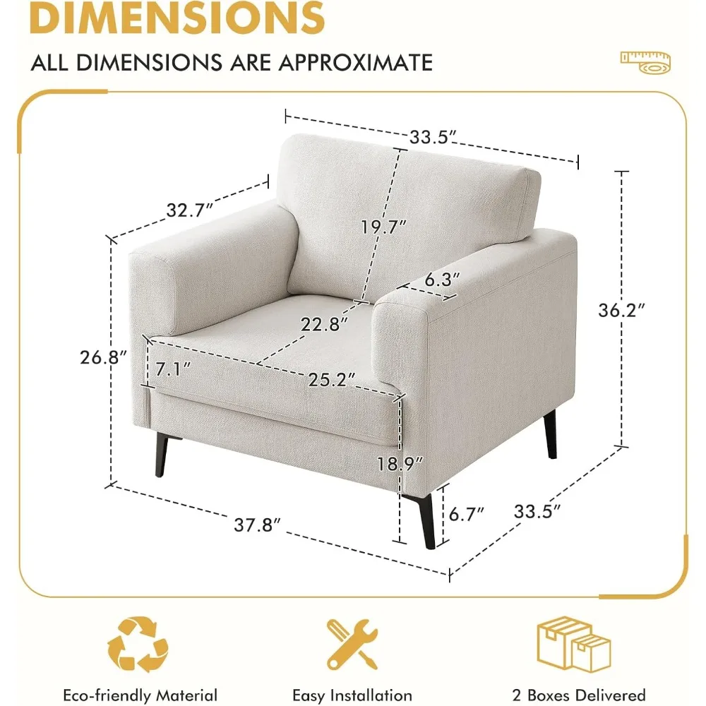 Upholstered Living Room Chairs Single Sofa Chair W Metal Legs, for Apartment, Bedroom, Office, Cream, 1PC,Living Room Chairs