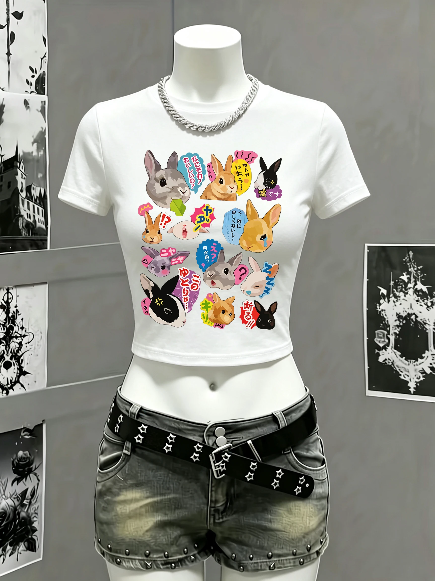 Japanese Rabbit Expression Print Crop T-Shirt Women Crewneck Elasticity T Shirts Summer Short Sleeve Cotton Slim Y2K Tops