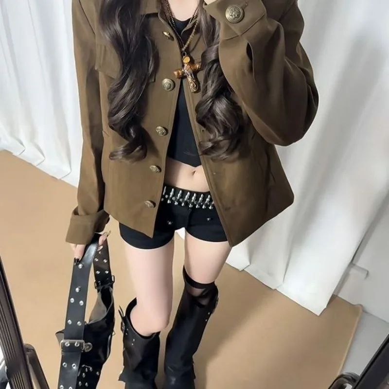 2026 Spring New Retro Cool Pull Design Brown Coat Lapel Tooling Style Jacket 2026 Autumn Cool Pull Design Jacket with Collar Top