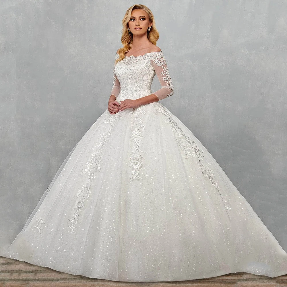 

DRESS FORU Elegant Classic Wedding Dress Tulle for Floor-Length Scoop Prom Dress Embroidery Lace up Robes De Soirée Customized