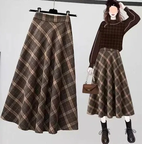 ربيع الخريف خمر متوسطة طول المرأة منقوشة تنورة عالية الخصر التخسيس فستان طويل عصري #1