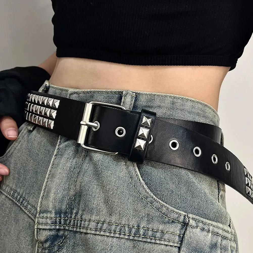 Punk Rivet Belt for Men Women Gothic Pyramid Metal Studded Leather Belt Luxury Square Bead Goth Waistband for Jeans Y2K 110cm
