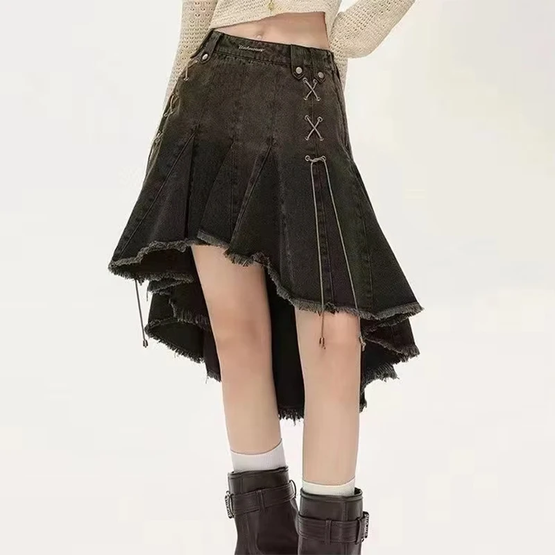 MEXZT Y2K 데님 미니 스커트 여성 하라주쿠 빈티지 비대칭 청바지 스커트 여름 Gyaru Grunge 2000S Bandage Pleated Faldas New