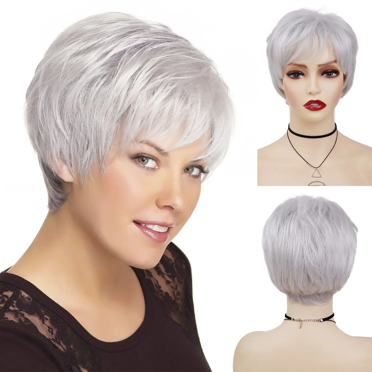 

Синтетические белые серые парики пикси с челкой, короткий прямой парик для женщин, термостойкий подарок для пациентов с раком, парик для старых дам на каждый день
