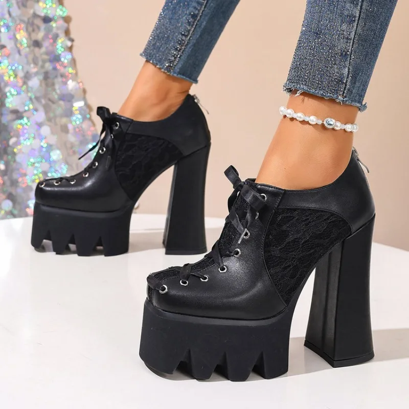 2026 Spring and Autumn Thick Soled Ultra High Heels Zipper Lace Multi Color Splicing Women's Ankle Boots Daily Casual Shoes