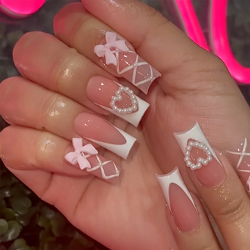 

24pcs Press on Nails Long False Nails Square Girl White Stick-on Nails 3D Heart-Shaped Bow Self-adhesive Removable Fake Nail