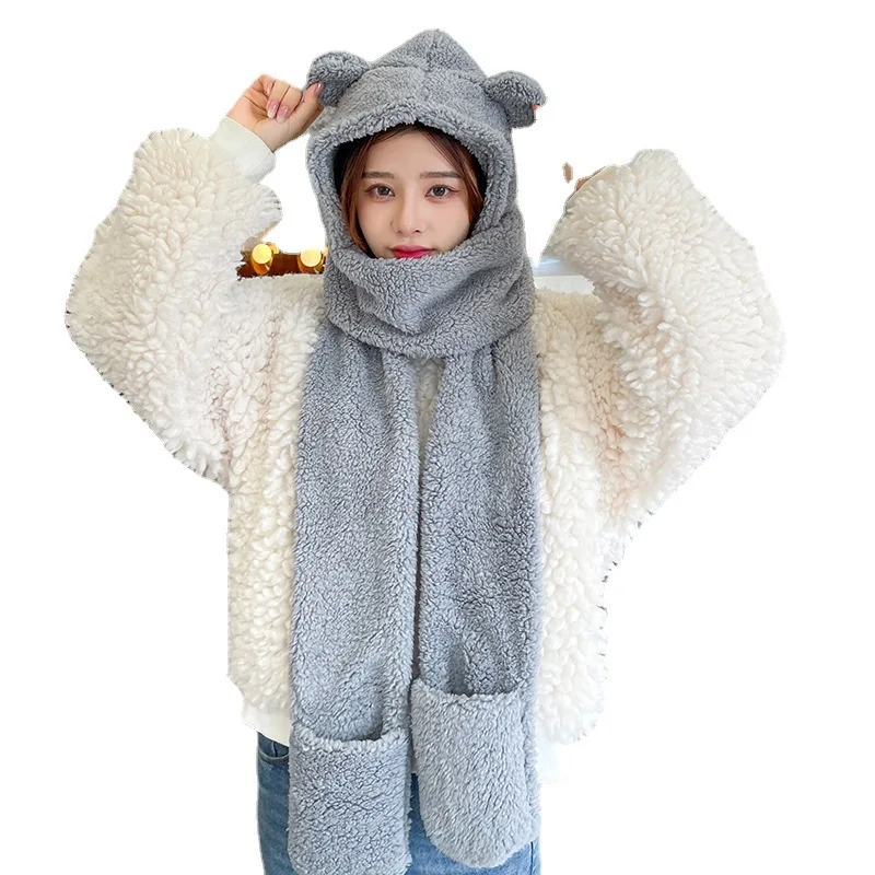 Winter Thickened Bear Hats Scarf All-in-one Female Korean Style Cute Fashion Cycling Ourdoor Warm Fleece E1795