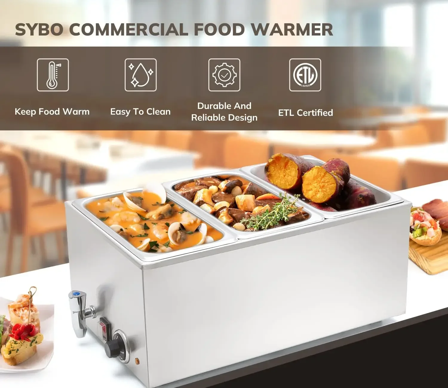 SYBO ZCK165BT-3 Commercial Grade Stainless Steel Bain Marie Buffet Food Warmer Steam Table for Catering and Restaurants, (3 Sect