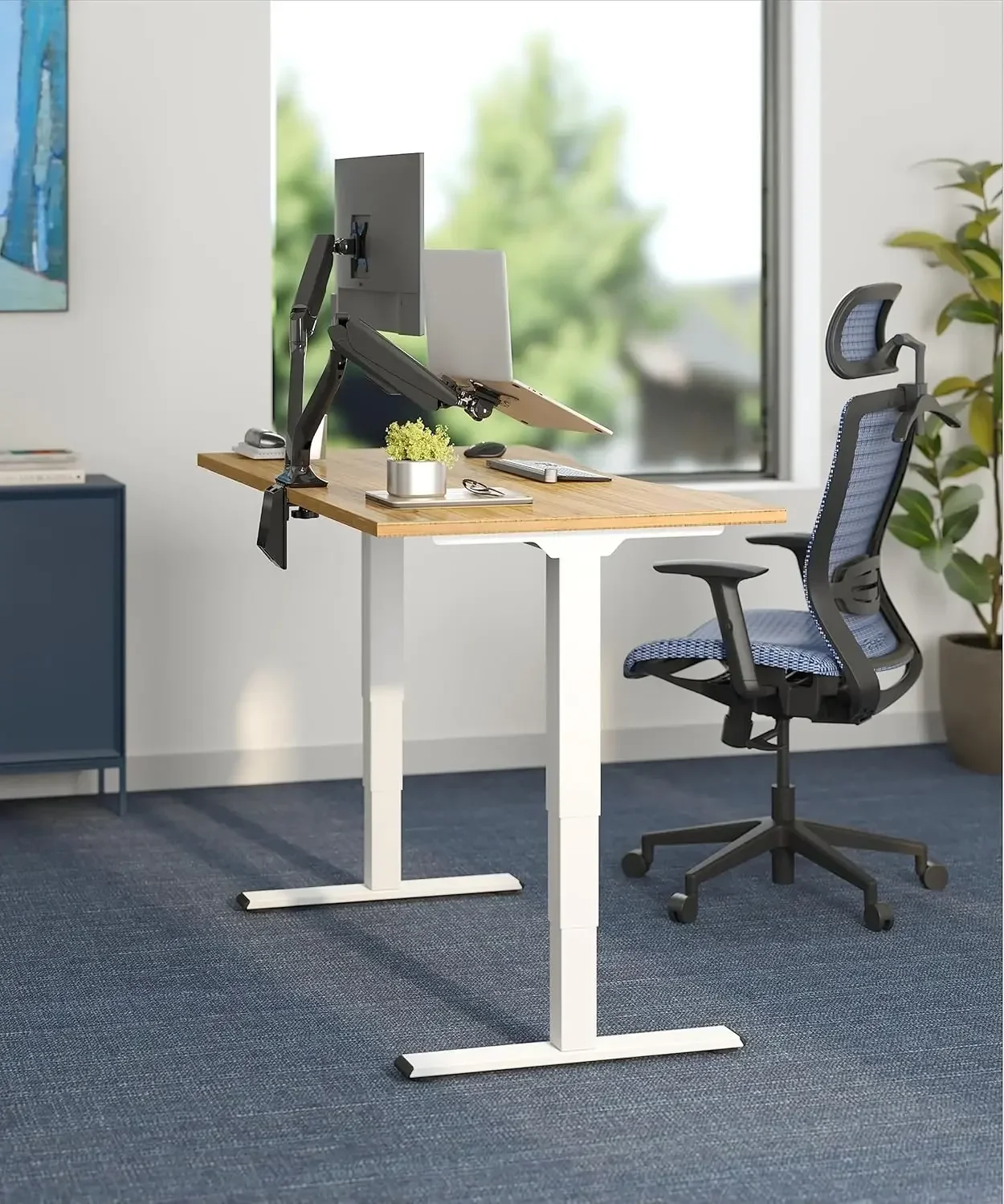 Bamboo 3 Stages Dual Motor Electric Standing Computer Desk Whole Piece Desk Board Height Adjustable Desk Electric Sit Stand