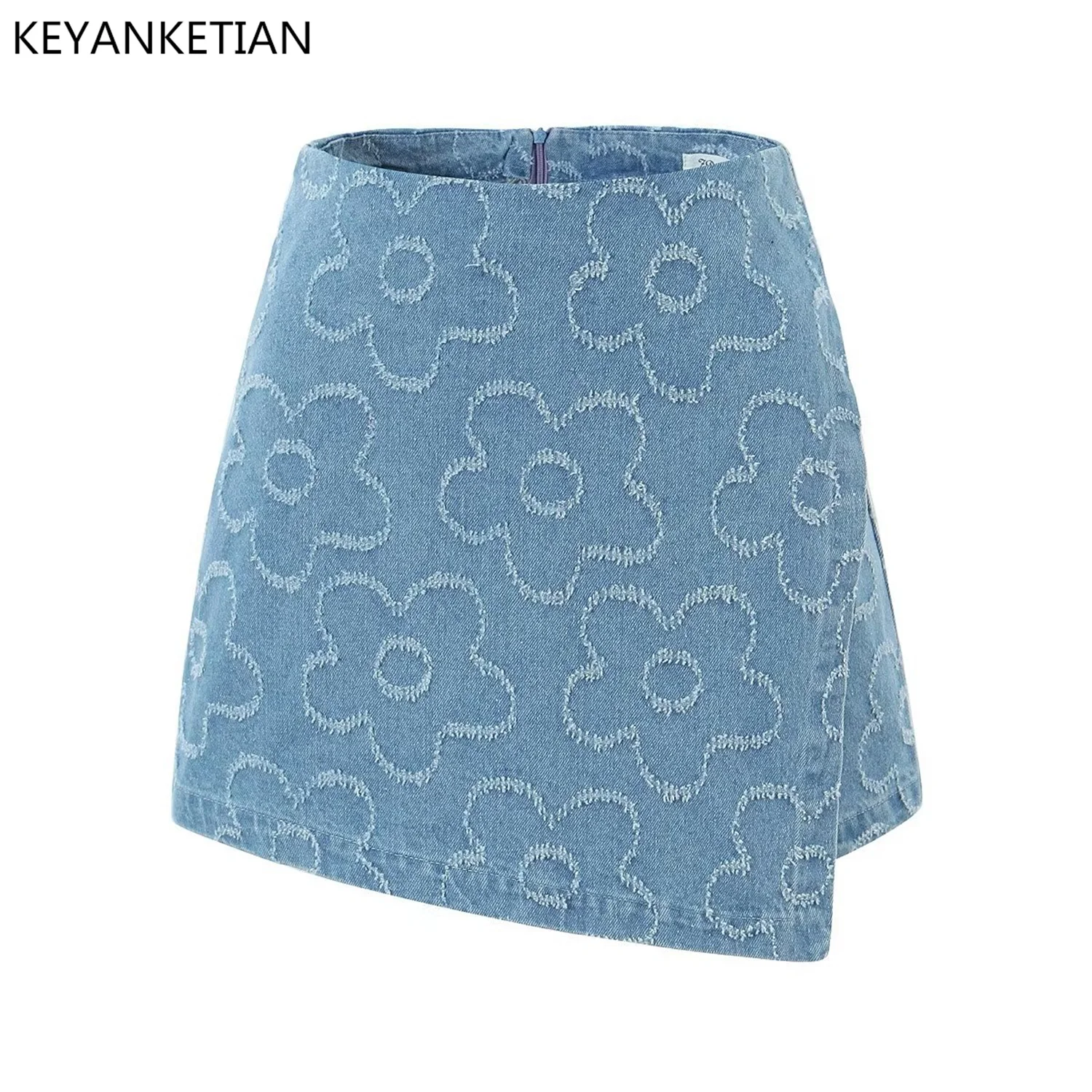 

KEYANKETIAN Summer's New Asymmetrical High-Waisted Denim Skirt Chic Jacquard Design Women's Bag Buttock A-Line Mini Culottes