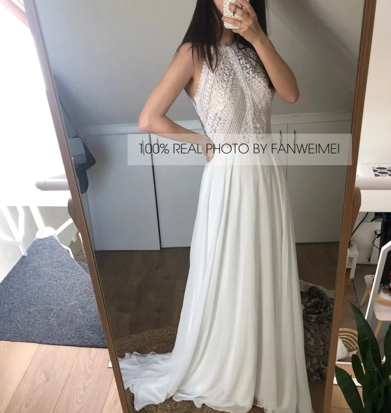 100% foto reali 2020 nuovo Design staccabile manica corta collo alto A-Line Chiffon abiti da sposa estivi all'ingrosso