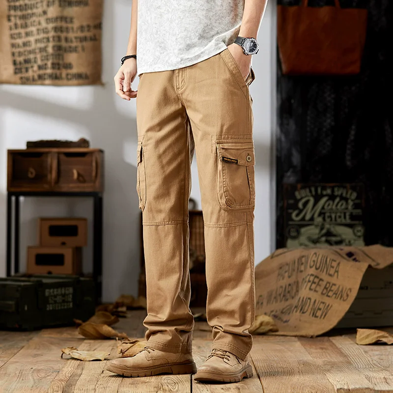 100% Cotton Cargo Pants Men Straight Loose Mulit 6 Pockets Safari Military Work Trousers For Male Casual
