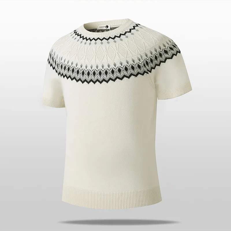 Men's American Retro Ice Silk Knit Polo Shirt Fair Isle Cable Knit Short Sleeve Casual Breathable Summer Top