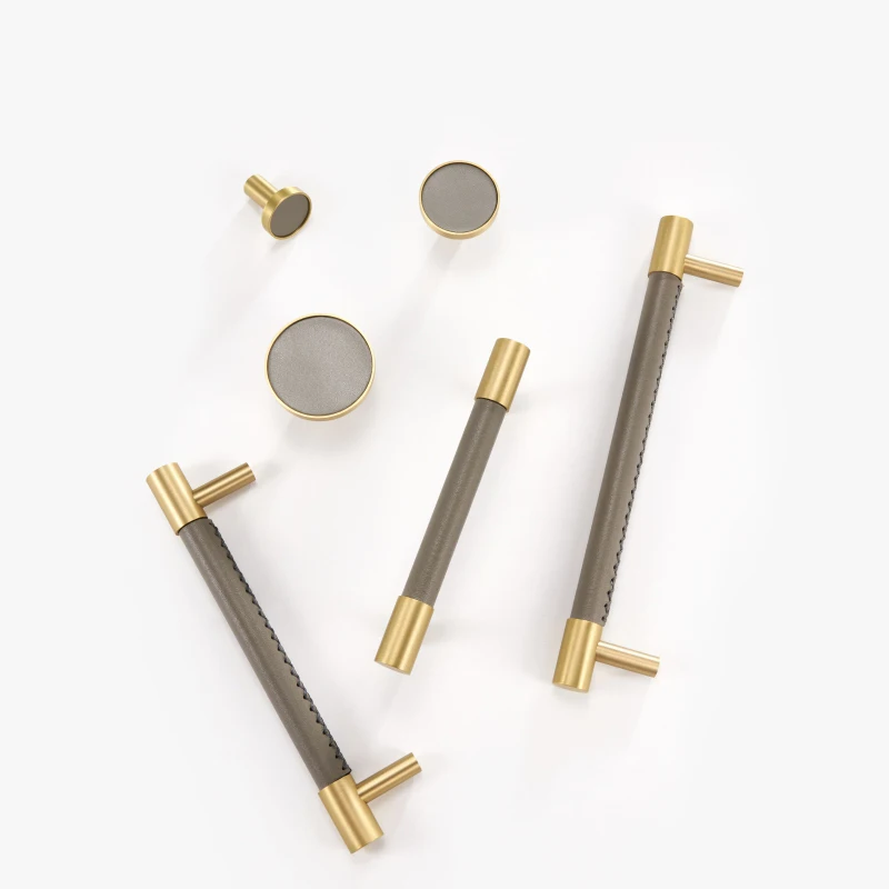 Brass Real Leather Furniture Handles Light Luxury Grey Wardrobe Dresser Cupboard Cabinet Drawer Pulls Easy Maintenance