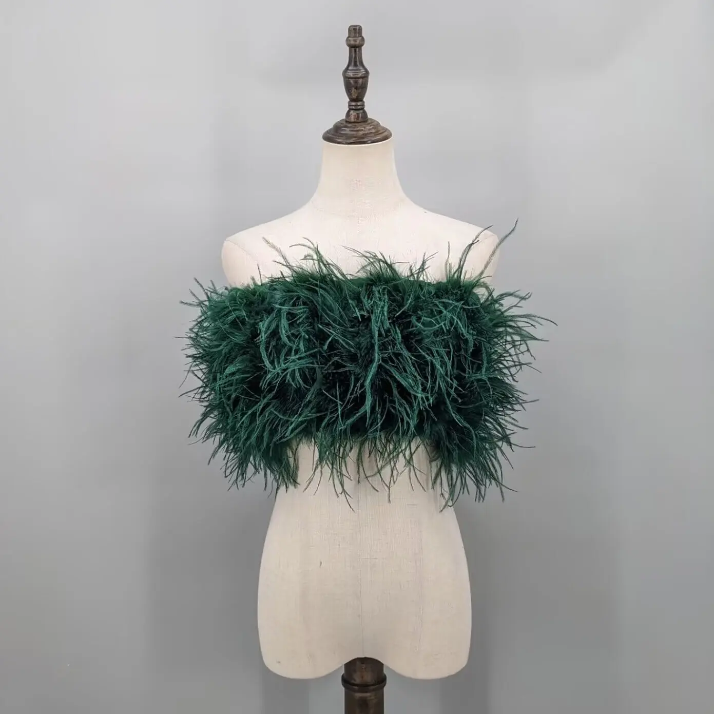 Women Dark Green Real Ostrich Feather Strapless Tube Top Off Shoulder Fluffy Crop Bustier Wedding Party Banquet Club Top 22A0618