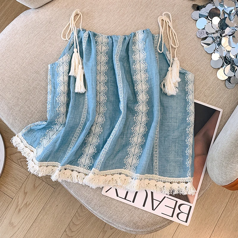 Summer Embroidered Sleeveless Camisole For Women Vintage Tassel Casual Loose Vests Fashion Beach Vacation Style Female Tops