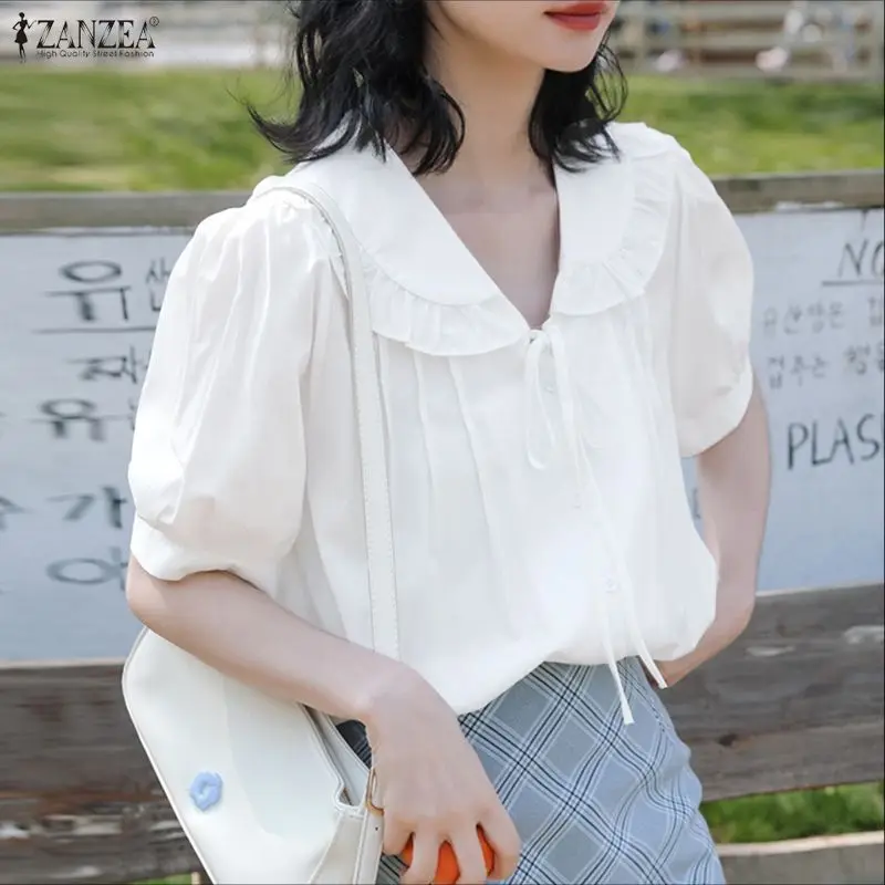 

ZANZEA, летние элегантные рубашки с короткими рукавами-фонариками, офисная женская блузка, повседневная праздничная рубашка на шнуровке, топы с лацканами и пуговицами