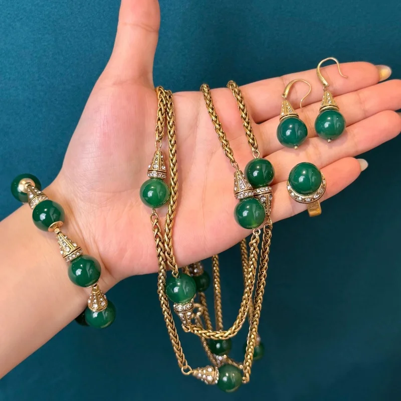 Vintage Green Agate Lamp Bulb Long Pendant Jewelry Sets Luxury Natural Stone Necklace Bracelet Earrings Ring Trendy Gift New