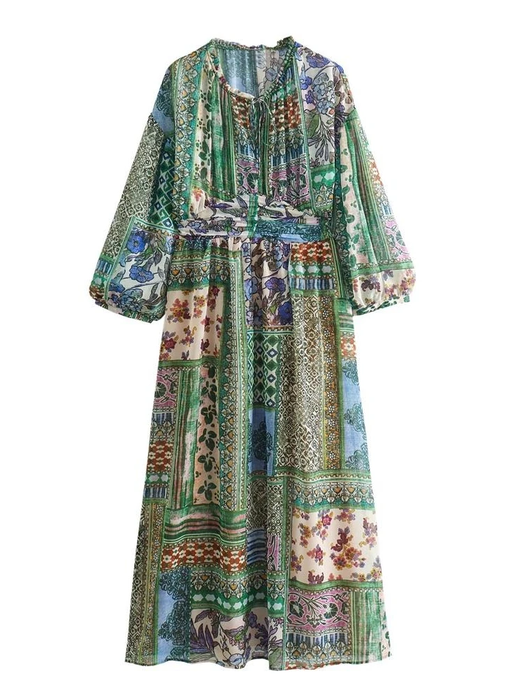 

New Arrival Long Sleeved Loose Printed Casual Dress for Women Round Collar Patchwork Seaside Holiday Beach Dress Robe Verte
