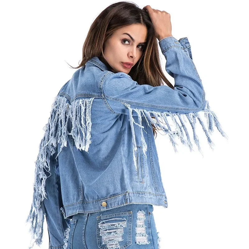 Back Sleeves Tassel Denim Jacket Coat 2024 Autumn New Jaquetas Blue Jean Jacket Woman