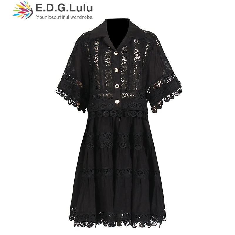 EDGLuLu Women 2 Piece Set Outfit Turn-Down Collar Short Sleeved Shirt+High Waist Mini Skirt Hollow Embroidery Lace Suit 1111