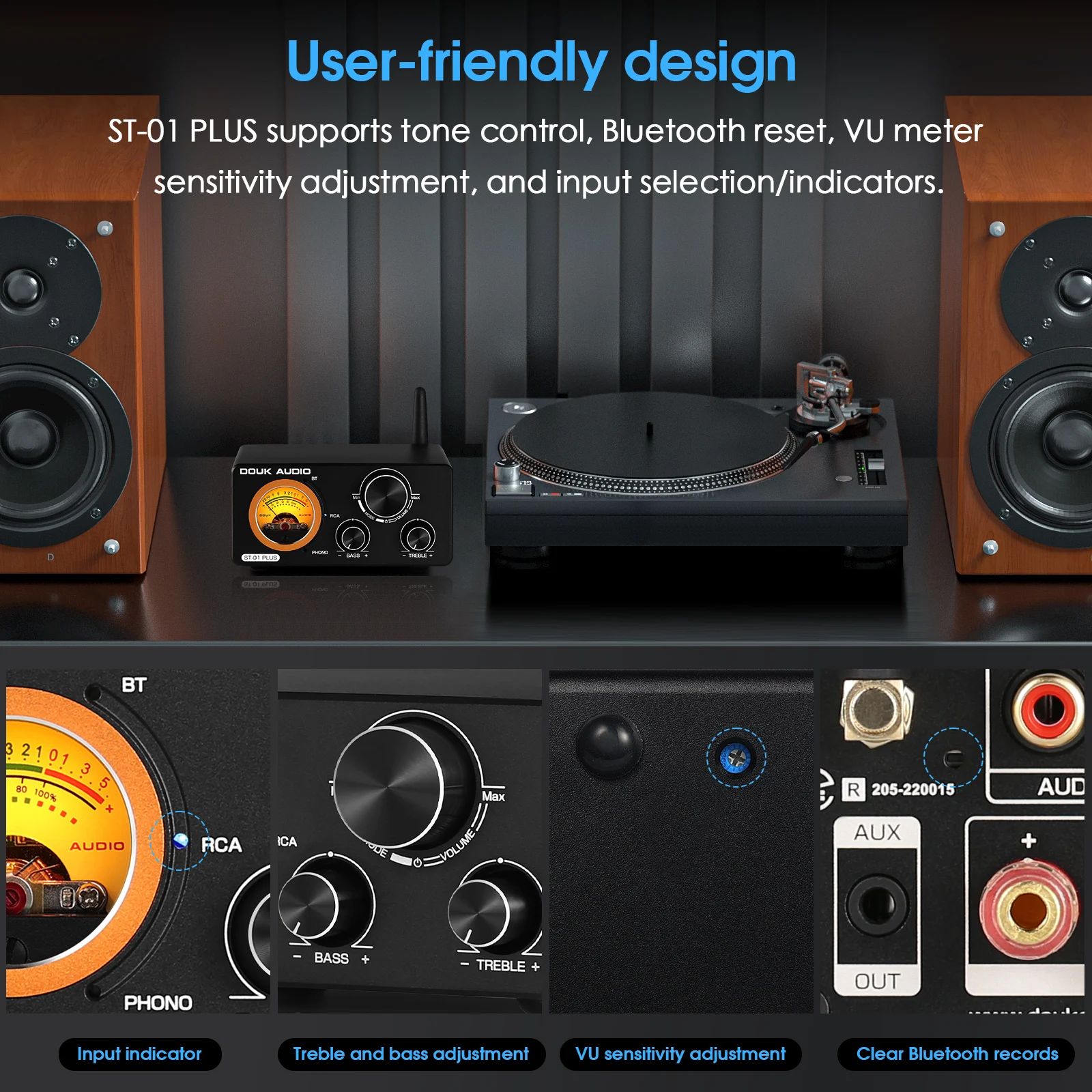 Douk Audio ST-01PLUS HiFi Bluetooth TPA3255 Digital Amplifier VU Meter Turntable Audio Stereo Amp