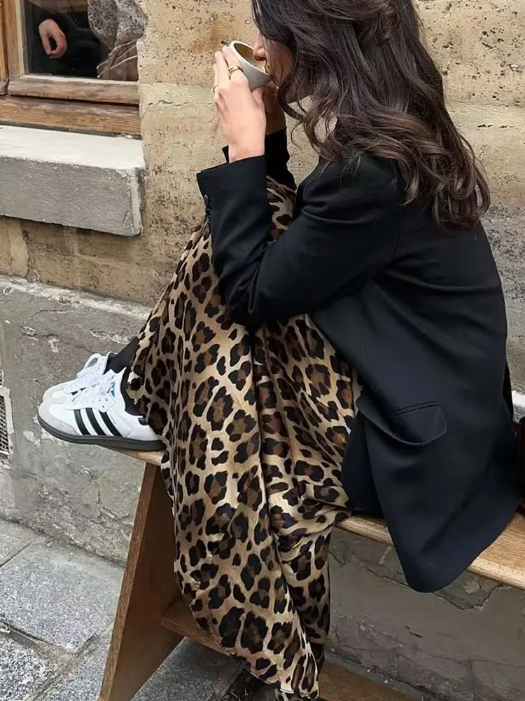 Hh 2024 feminino elegante midi saias retro leopardo impressão de cintura alta cetim a linha moda feminina bottoms streetwear saia midi