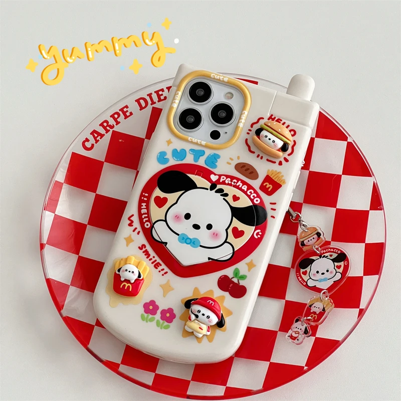 3d Schattige Cartoon Sanrio Pochacco Telefoonhoesje Voor Iphone 15 Pro 14 13 12 11 Pro Max Hoesjes Verbergen Make-Up Spiegels Bedekken Met Lanyard