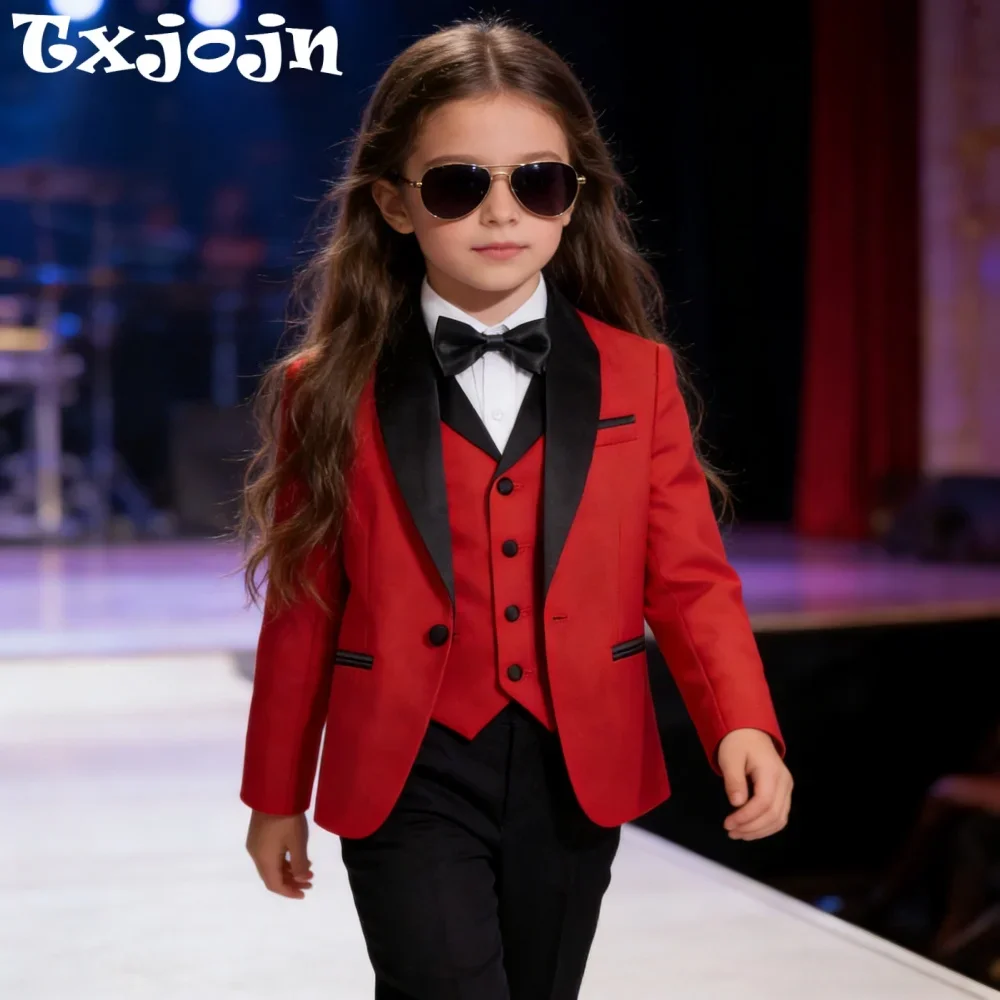 

Шикарный красный костюм для девочек из 4 предметов, для показов мод, быстрая доставка, детский комплект с шалевым воротником, для выпускного, 3-14 лет, праздничный смокинг