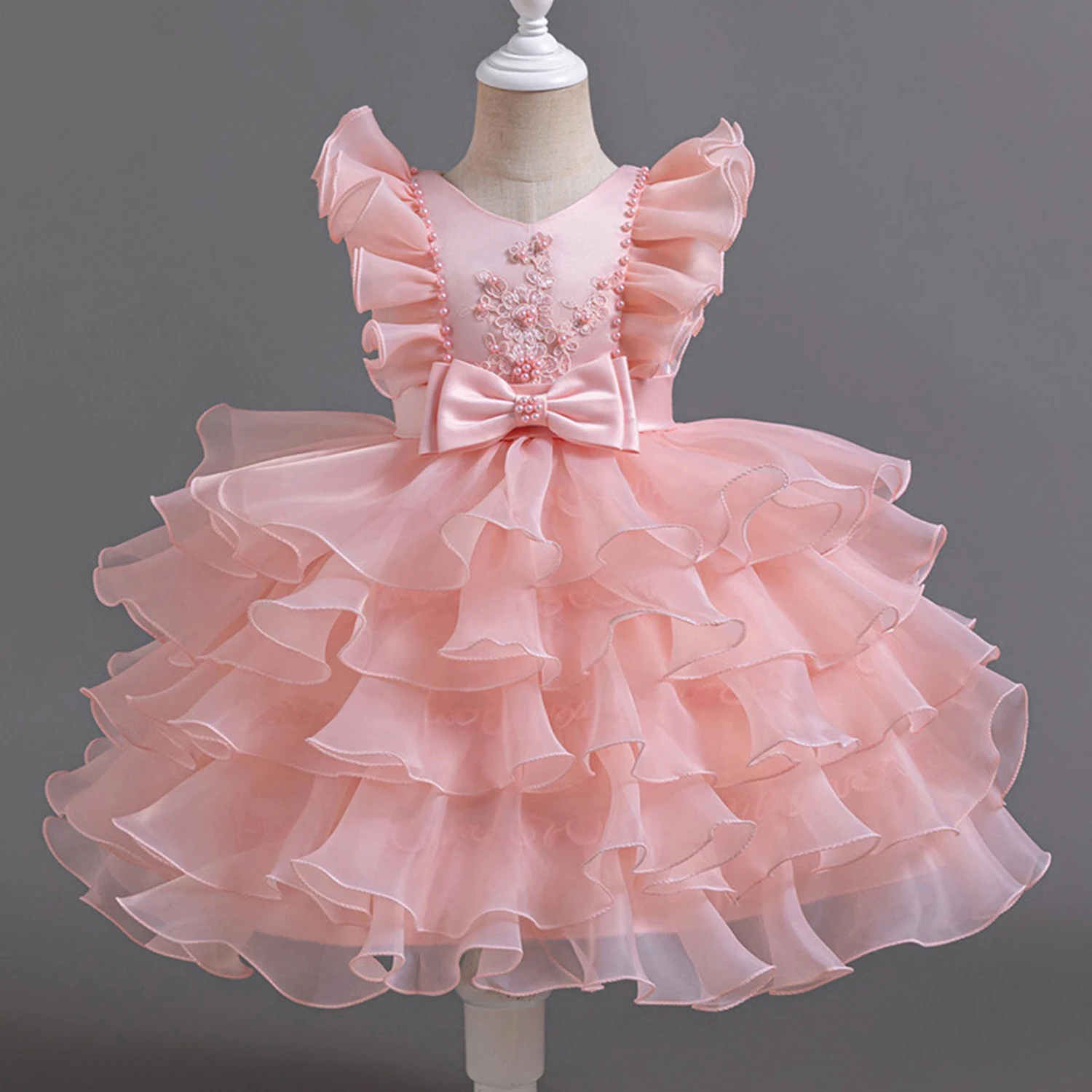 Shiny Toddler 2-12 Years Little Girls Flutter Sleeves Cupcake Tutu Flower Girl Birthday Party Performance Dress