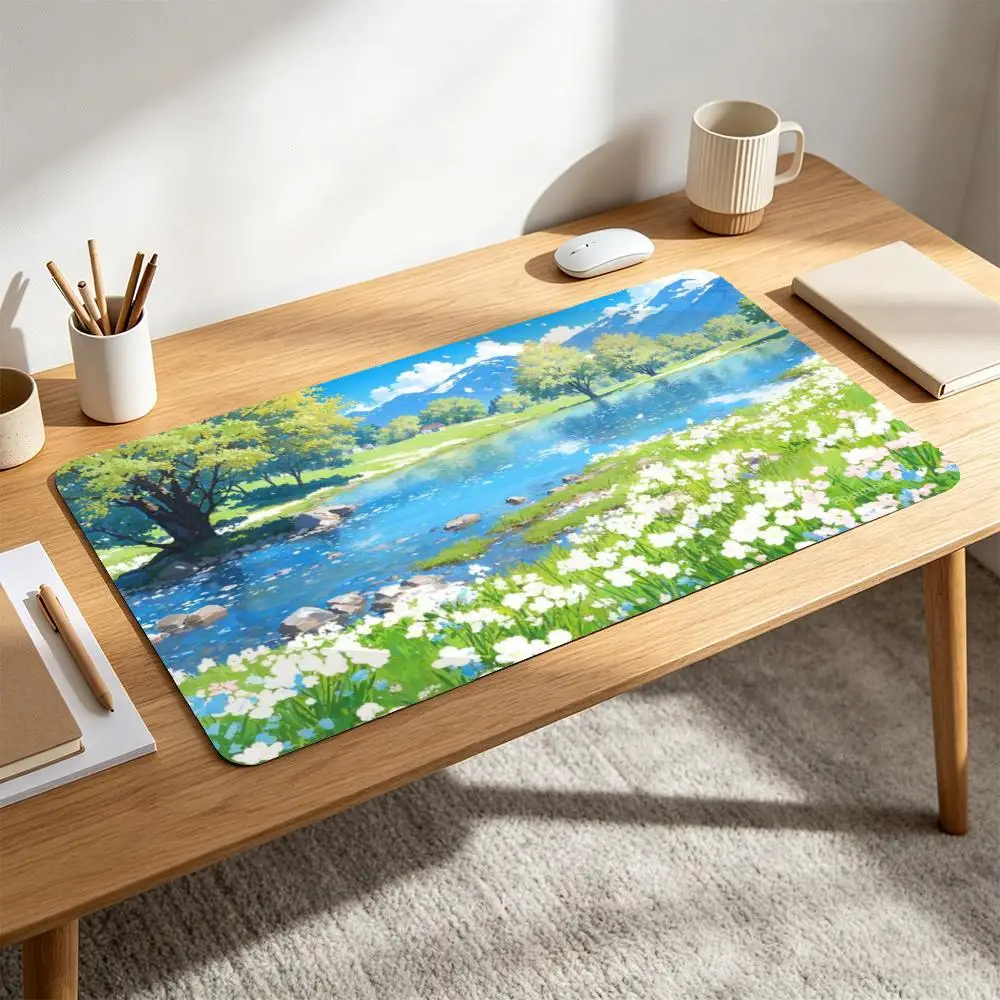Bright Summer Alpine XXL Desk Pad Anime Style Blue Sky Clear Mountain Lake Dense White Wildflowers Green Grassland Snow Peaks
