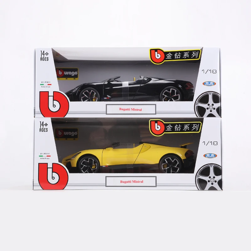 Burago 1:18 Bugatti Mistral Coche deportivo convertible Coche modelo de aleación negro/amarillo