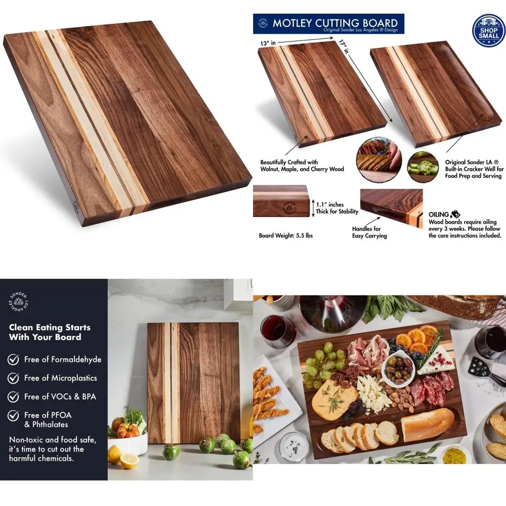 

Large Walnut Cherry Maple Wooden Cutting Board Kitchen Charcuterie Sorting Compartment Rev