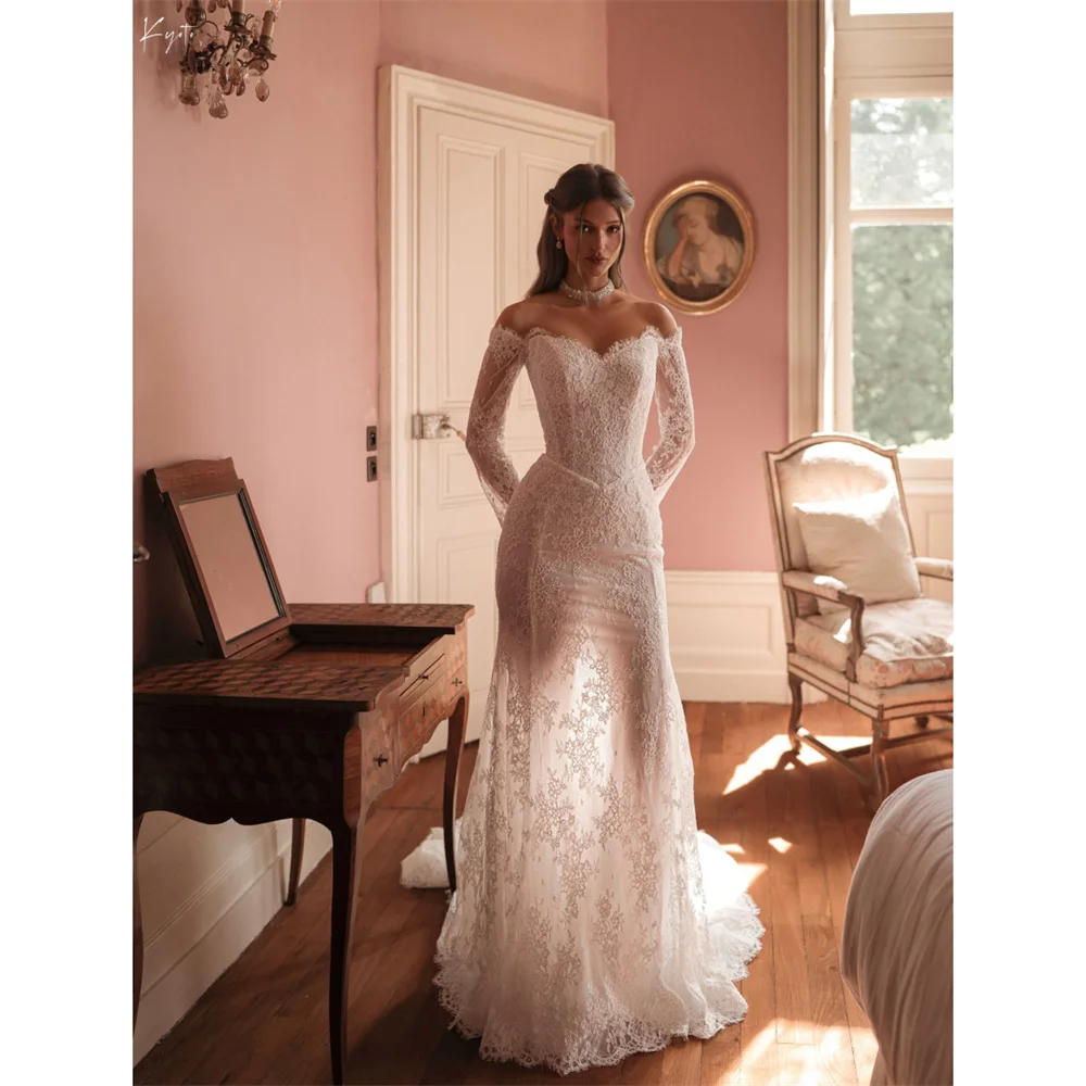 京都カスタマイズされたアイボリーの絶妙なレースマーメイドウェディングドレスオフショルダーロングスリーブvestidos de nocheコートトレインフォーマル