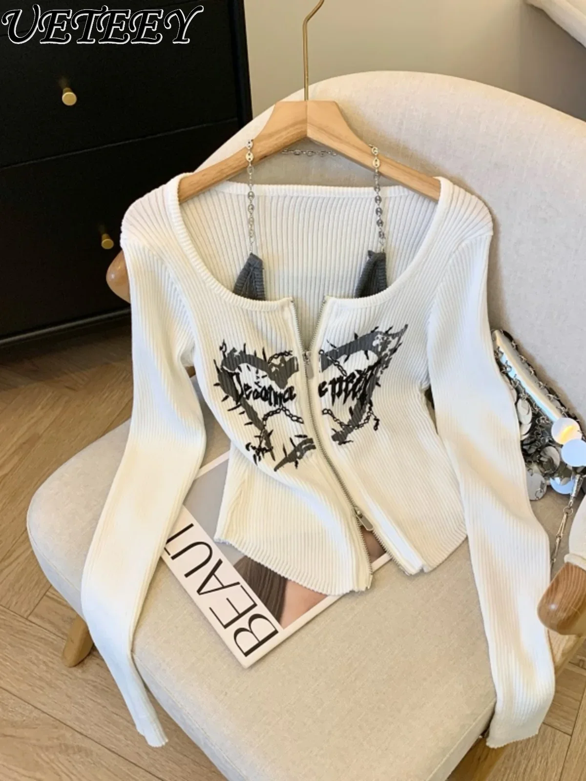 

Sexy Sweet Fake Two Pieces Love Knitted Cardigan Women's Early Autumn New Long-sleeved Slimming Bottoming Shirt Zipper Top