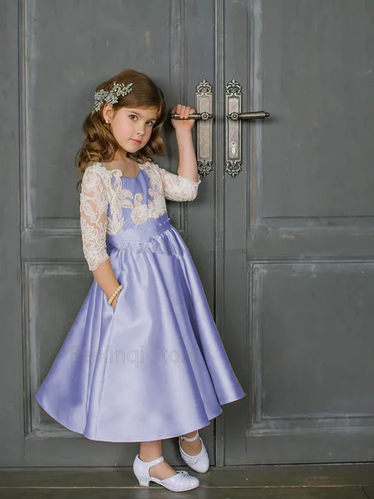 Flower Girl Dress Stickers with Pocket Elegant Blue Birthday Communion Party Ball Evening Dress Formal Occasion Wedding Dress