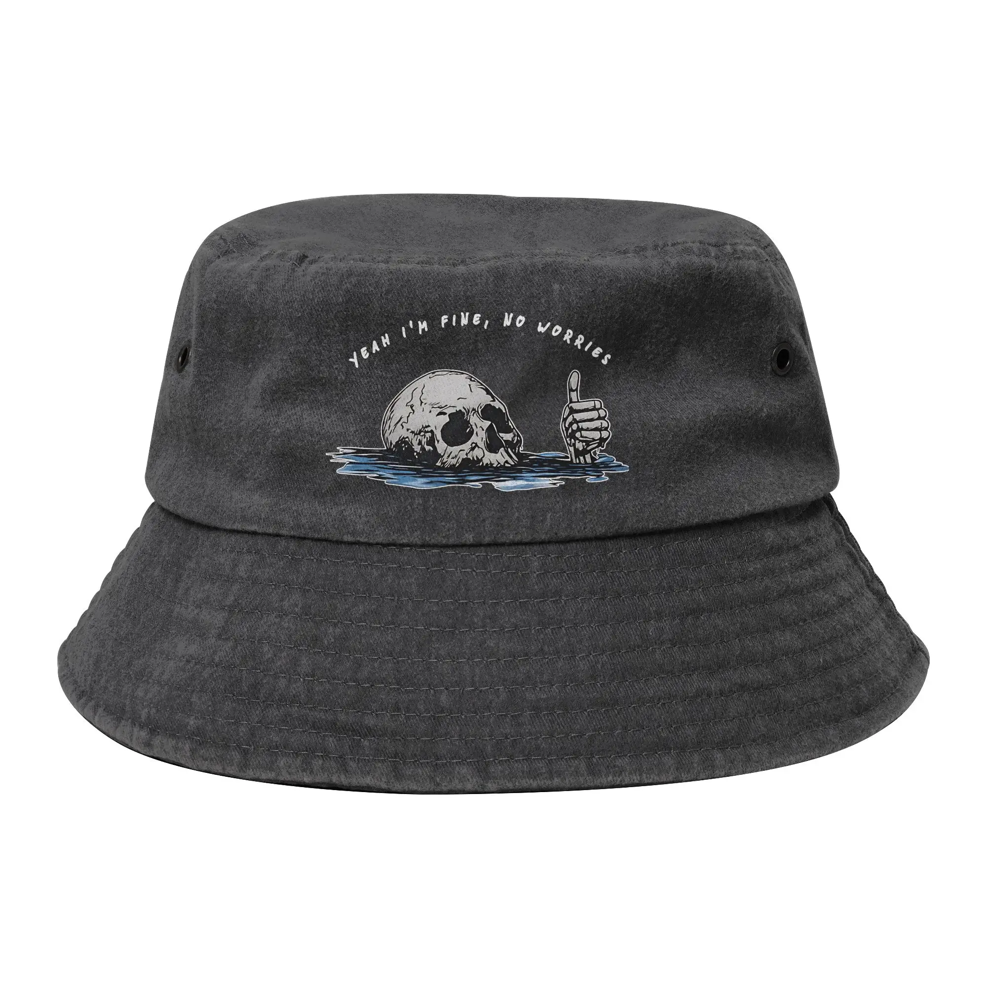Unique Yeah Im Fine No Worries Funny Skull Denim Bucket Hats For Women Men  Washed Distressed Bob Hat Summer Travel Headwear