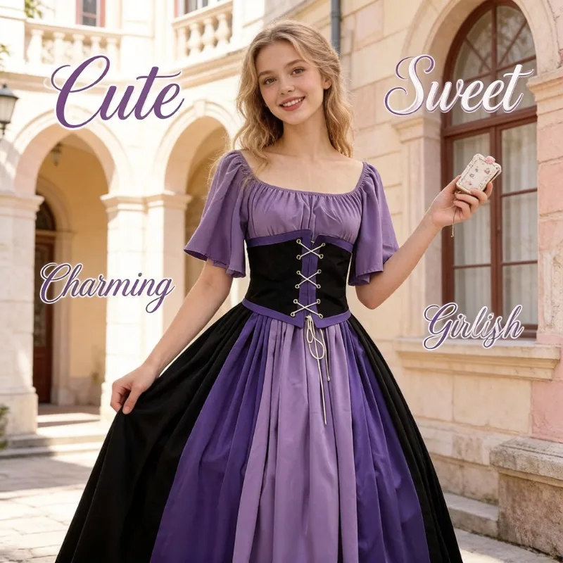 

Medieval Retro Color Block Off Shoulder Dress Gothic Lolita Flounce Sleeve Cosplay Carnival Stage Vintage Formal Party Outfit