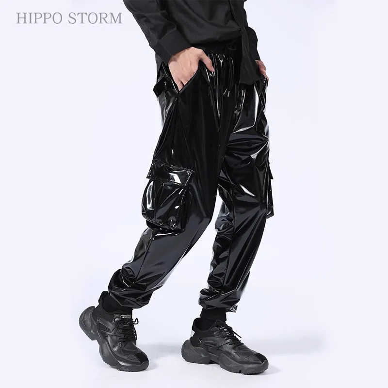 

Black Shiny PU Leather Workwear Pants Hip-hop Dance Trendy Men's Casual Trousers Leggings Party Nightclub Singer Stage Costumes