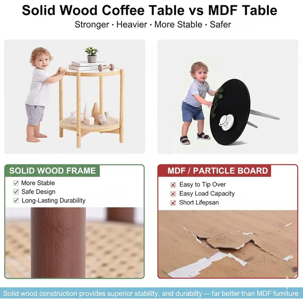 طاولة قهوة مستديرة حديثة من الخيزران، 19.7 طاولة جانبية صغيرة مع سطح زجاجي، مناسبة لمساحات المعيشة الداخلية والخارجية