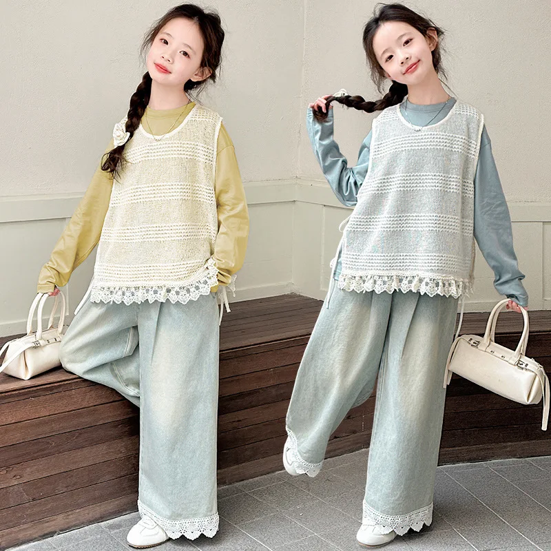 

2025 Autumn Baby Girls 3pcs Sets Round Neck Top+Lace Patchwork Vest+Elastic Waist Denim Pant Children Girls Sets 5-14Y Girls Set