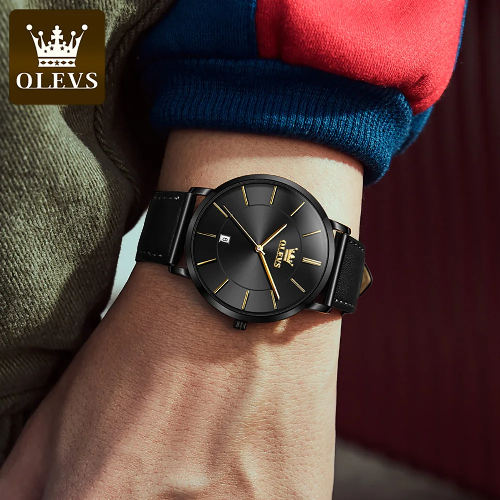 OLEVS 5869 Men\'s Watches Leather Strap Waterproof Auto Date Man Watch Fashion Simplicity Ultra Thin Quartz Wrist Watch for Men