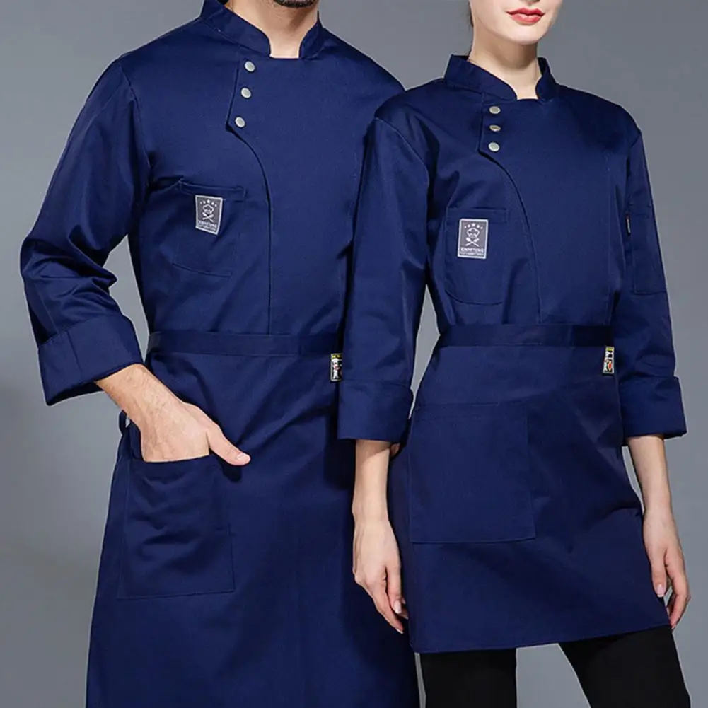 Chef Uniform Stand Collar Double-breasted Long Sleeve Unisex Stain-resistant Cook Shirt Bakery Coffee Diner Kitchen Work Clothes