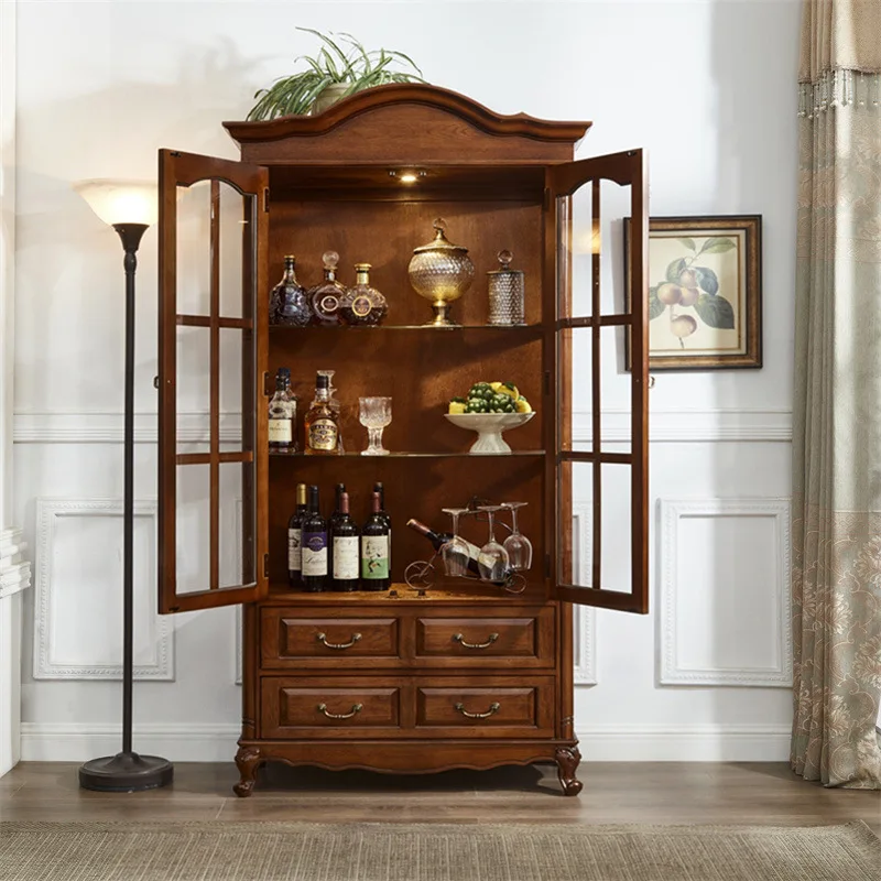 American all-solid wood double-door wine cabinet, living room locker, three-door dining side cabinet, glass door display cabinet