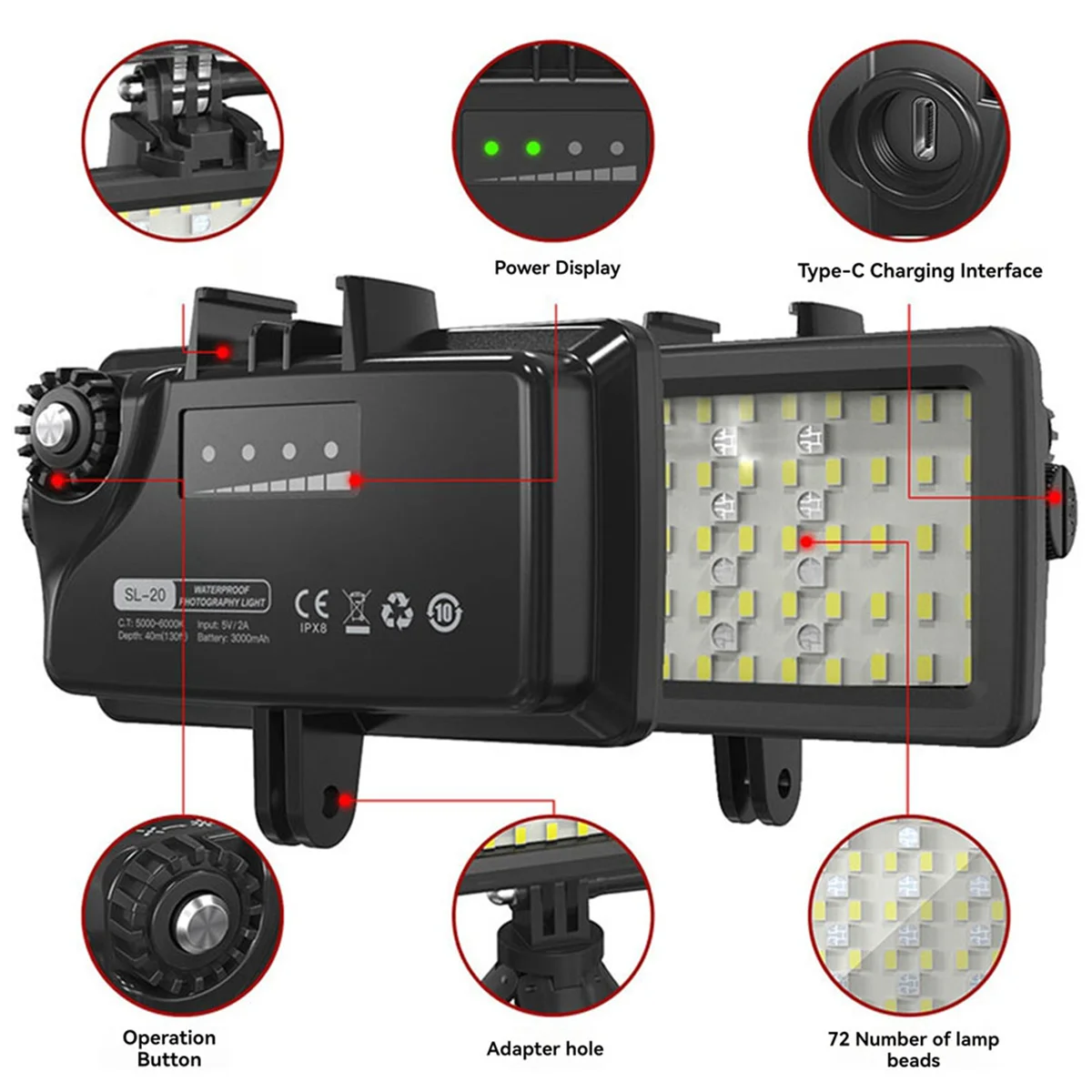 

【Ценная цена!】Светодиодное фотографическое освещение для зеркальной камеры 40M Водонепроницаемый светодиодный ночник для дайвинга Лампа для дайвинга для Gopro